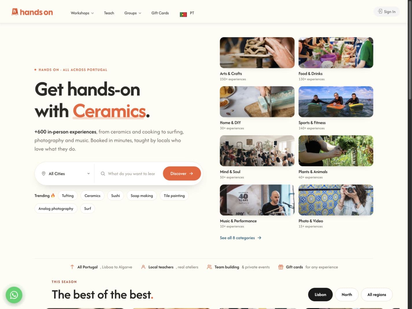 Handson.pt workshop marketplace homepage with search and experience categories